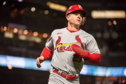 Apr 25, 2023; San Francisco, California, USA;  St. Louis Cardinals center fielder Tyler O'Neill (27) scores a run during the eighth inning against the San Francisco Giants at Oracle Park. Mandatory Credit: Ed Szczepanski-USA TODAY Sports