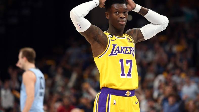 Apr 26, 2023; Memphis, Tennessee, USA; Los Angeles Lakers guard Dennis Schroder (17) reacts during the second half against the Memphis Grizzlies during game five of the 2023 NBA playoffs at FedExForum. Mandatory Credit: Petre Thomas-USA TODAY Sports