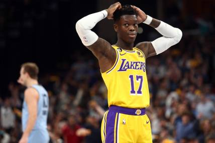 Apr 26, 2023; Memphis, Tennessee, USA; Los Angeles Lakers guard Dennis Schroder (17) reacts during the second half against the Memphis Grizzlies during game five of the 2023 NBA playoffs at FedExForum. Mandatory Credit: Petre Thomas-USA TODAY Sports