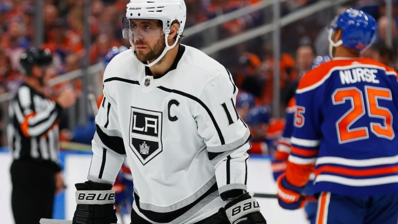 Apr 25, 2023; Edmonton, Alberta, CAN; Los Angeles Kings forward Anze Kopitar (11) skates against the Edmonton Oilers in game five of the first round of the 2023 Stanley Cup Playoffs at Rogers Place. Mandatory Credit: Perry Nelson-USA TODAY Sports
