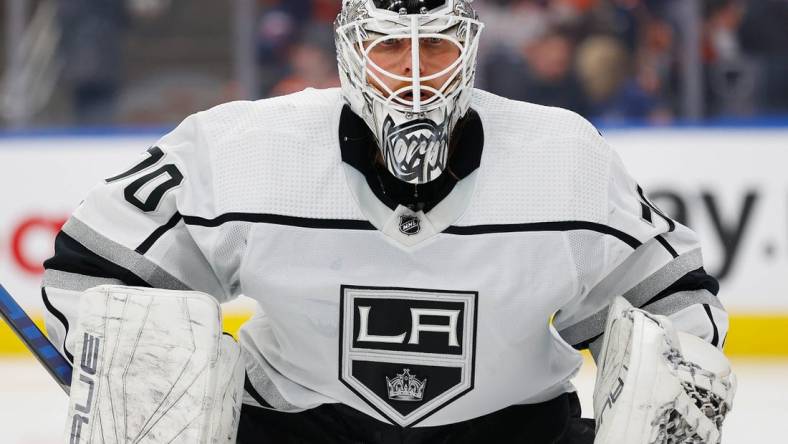 Apr 25, 2023; Edmonton, Alberta, CAN; Los Angeles Kings goaltender Joonas Korpisalo (70) skates against the Edmonton Oilers in game five of the first round of the 2023 Stanley Cup Playoffs at Rogers Place. Mandatory Credit: Perry Nelson-USA TODAY Sports