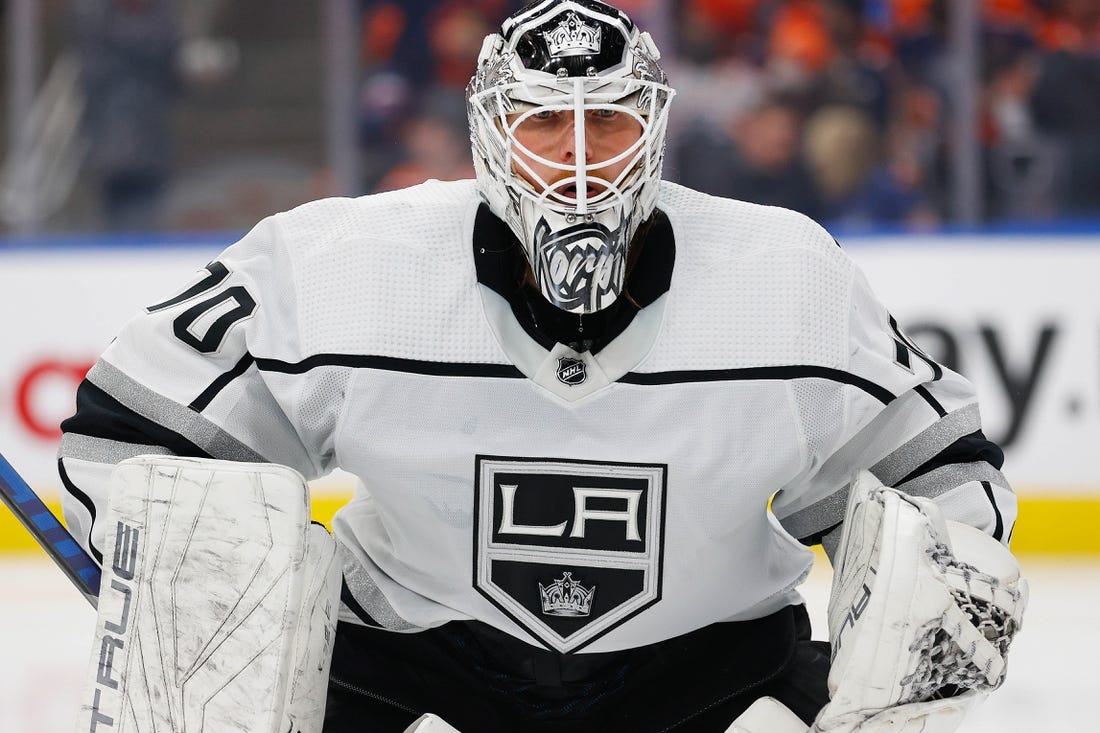 Apr 25, 2023; Edmonton, Alberta, CAN; Los Angeles Kings goaltender Joonas Korpisalo (70) skates against the Edmonton Oilers in game five of the first round of the 2023 Stanley Cup Playoffs at Rogers Place. Mandatory Credit: Perry Nelson-USA TODAY Sports