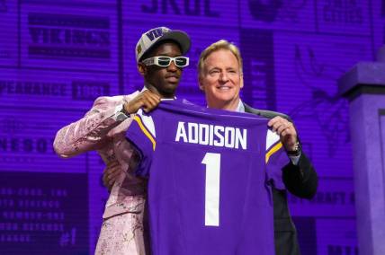 Apr 27, 2023; Kansas City, MO, USA; USC wide receiver Jordan Addison with NFL commissioner Roger Goodell after being selected by the Minnesota Vikings twenty third overall in the first round of the 2023 NFL Draft at Union Station. Mandatory Credit: Kirby Lee-USA TODAY Sports