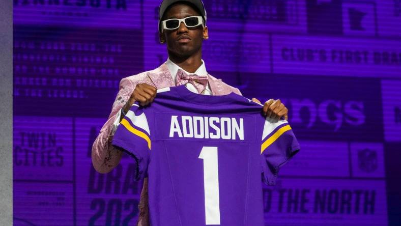 Apr 27, 2023; Kansas City, MO, USA; USC wide receiver Jordan Addison on stage after being selected by the Minnesota Vikings twenty third overall in the first round of the 2023 NFL Draft at Union Station. Mandatory Credit: Kirby Lee-USA TODAY Sports