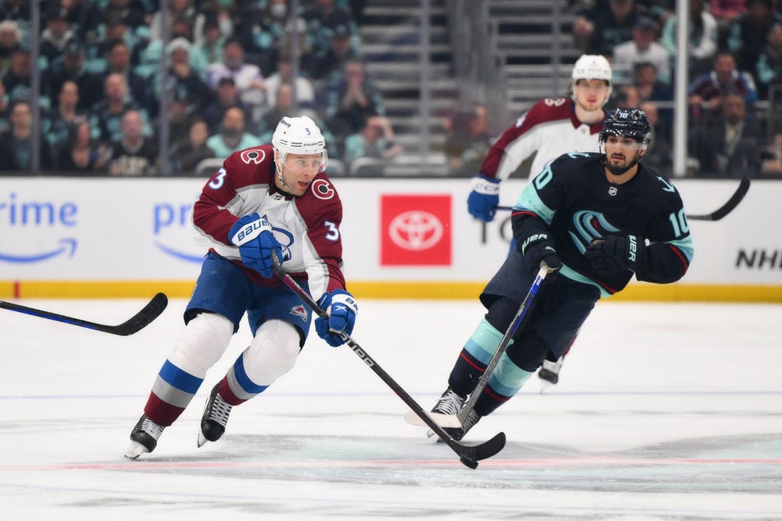 Apr 28, 2023; Seattle, Washington, USA; Colorado Avalanche defenseman Jack Johnson (3) advances the puck against the Seattle Kraken during the third period in game six of the first round of the 2023 Stanely Cup Playoffs at Climate Pledge Arena. Mandatory Credit: Steven Bisig-USA TODAY Sports