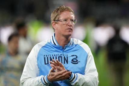 May 2, 2023; Los Angeles, CA, USA; Philadelphia Union coach Jim Curtin reacts during the game against the LAFC at BMO Stadium. Mandatory Credit: Kirby Lee-USA TODAY Sports