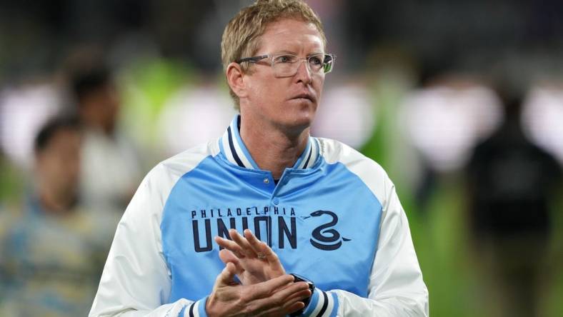 May 2, 2023; Los Angeles, CA, USA; Philadelphia Union coach Jim Curtin reacts during the game against the LAFC at BMO Stadium. Mandatory Credit: Kirby Lee-USA TODAY Sports