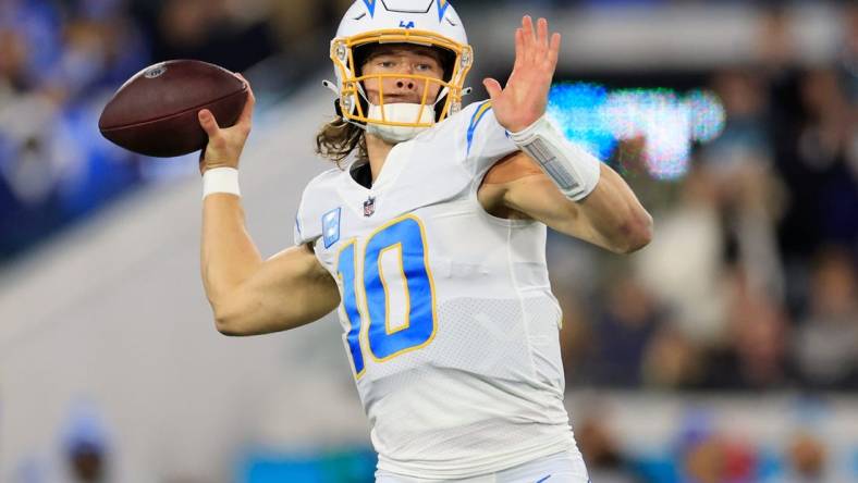 Chargers quarterback Justin Herbert looks to throw during the first quarter of an NFL first round playoff game against the Jaguars.

Syndication Florida Times Union