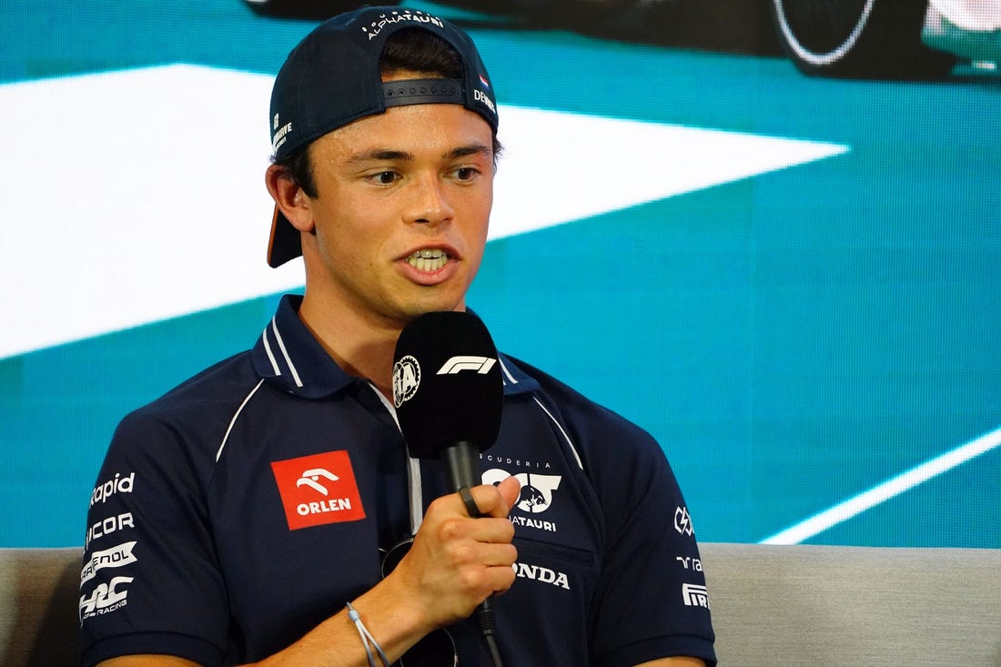 May 4, 2023; Miami Gardens, Florida, USA;  AlphaTauri driver Nyck De Vries (21) of Netherlands talks with the media during a breakout media session at Miami International Autodrome. Mandatory Credit: John David Mercer-USA TODAY Sports