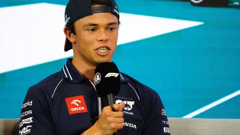 May 4, 2023; Miami Gardens, Florida, USA;  AlphaTauri driver Nyck De Vries (21) of Netherlands talks with the media during a breakout media session at Miami International Autodrome. Mandatory Credit: John David Mercer-USA TODAY Sports