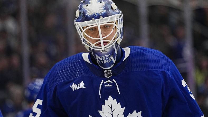 May 4, 2023; Toronto, Ontario, CANADA; Toronto Maple Leafs goaltender Ilya Samsonov (35) skates to the corner after a goal by the Florida Panthers during the second period of game two of the second round of the 2023 Stanley Cup Playoffs at Scotiabank Arena. Mandatory Credit: John E. Sokolowski-USA TODAY Sports