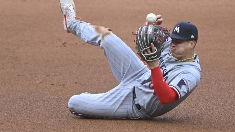 May 6, 2023; Cleveland, Ohio, USA; Minnesota Twins third baseman Jose Miranda (64) attempts to field the ball on a base hit against the Cleveland Guardians in the fourth inning at Progressive Field. Mandatory Credit: David Richard-USA TODAY Sports