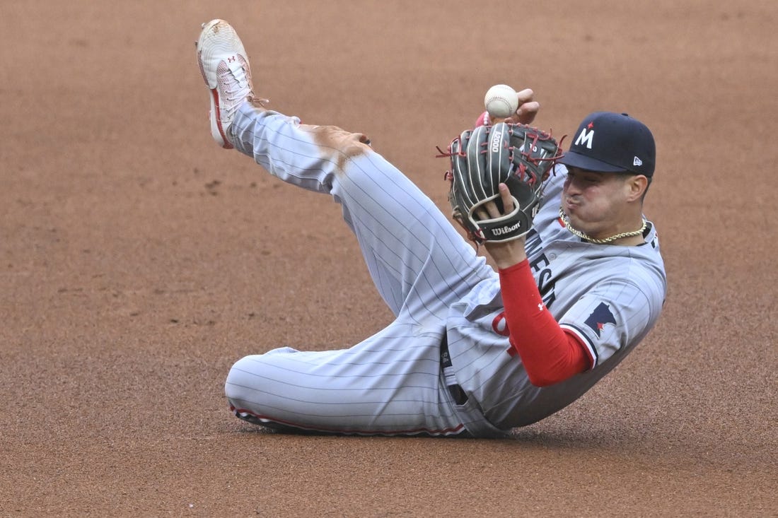 May 6, 2023; Cleveland, Ohio, USA; Minnesota Twins third baseman Jose Miranda (64) attempts to field the ball on a base hit against the Cleveland Guardians in the fourth inning at Progressive Field. Mandatory Credit: David Richard-USA TODAY Sports