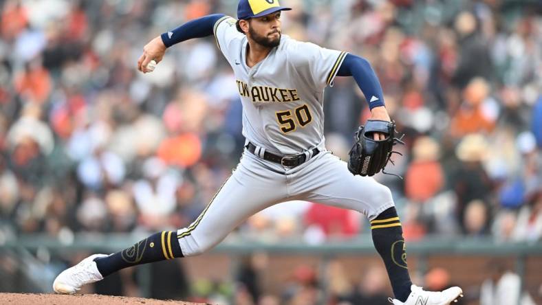 ccMay 6, 2023; San Francisco, California, USA; Milwaukee Brewers pitcher Tyson Miller (50) throws a pitch against the San Francisco Giants during the seventh inning at Oracle Park. Mandatory Credit: Robert Edwards-USA TODAY Sports