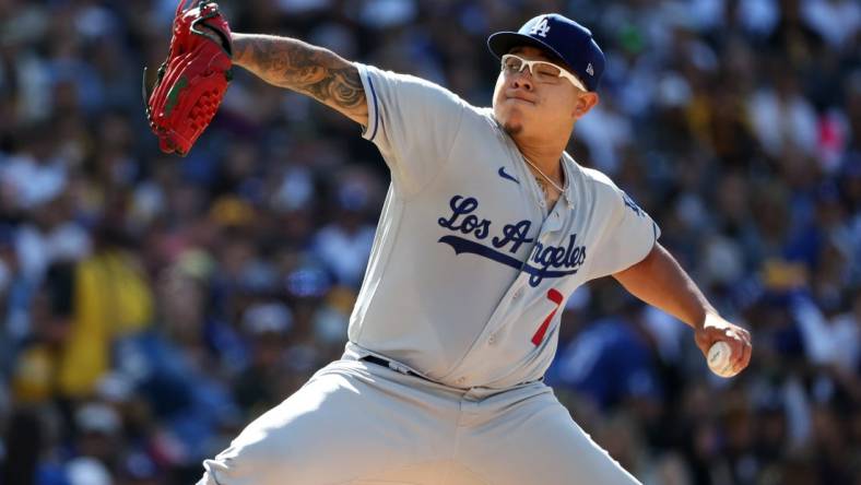 May 7, 2023; San Diego, California, USA;  Los Angeles Dodgers starting pitcher Julio Urias (7) throws a pitch during the first inning against the San Diego Padres at Petco Park. Mandatory Credit: Kiyoshi Mio-USA TODAY Sports