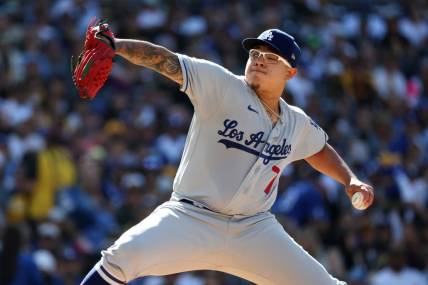 May 7, 2023; San Diego, California, USA;  Los Angeles Dodgers starting pitcher Julio Urias (7) throws a pitch during the first inning against the San Diego Padres at Petco Park. Mandatory Credit: Kiyoshi Mio-USA TODAY Sports