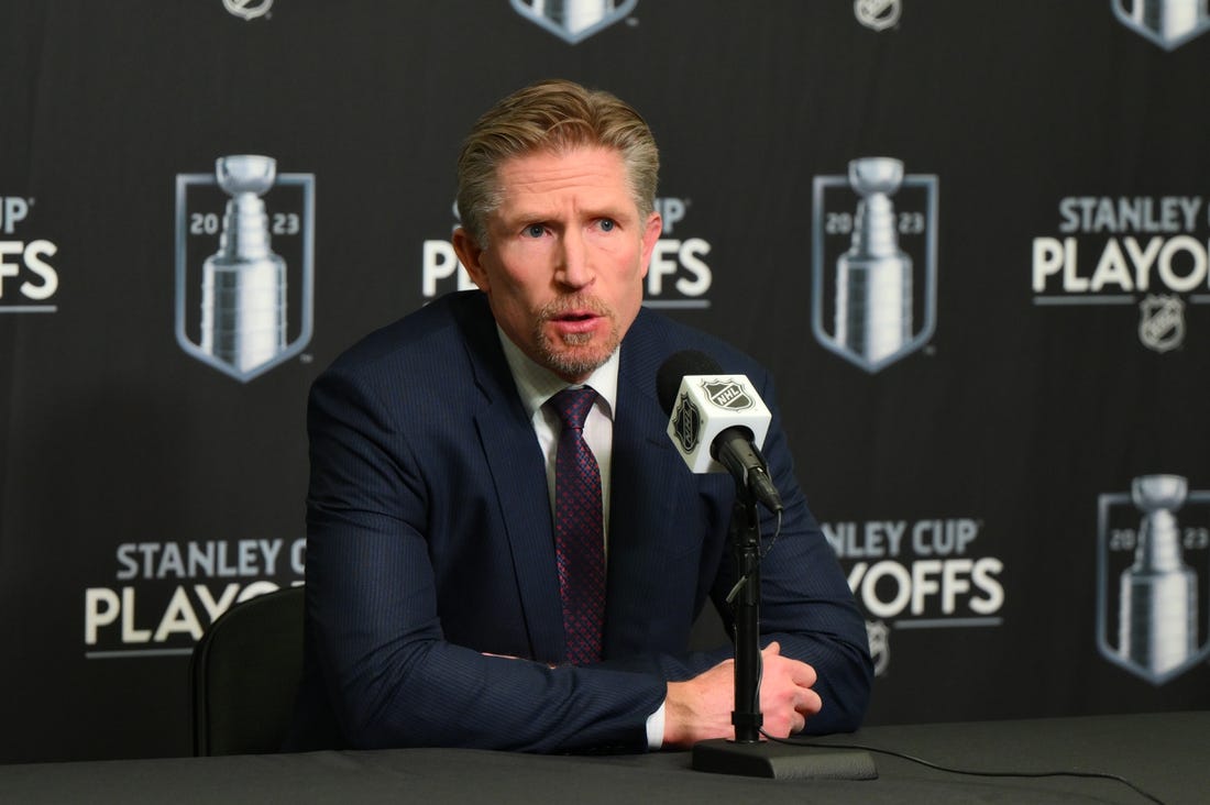 May 9, 2023; Seattle, Washington, USA; Seattle Kraken head coach Dave Hakstol speaks to the media after the game against the Dallas Stars in game four of the second round of the 2023 Stanley Cup Playoffs at Climate Pledge Arena. Mandatory Credit: Steven Bisig-USA TODAY Sports