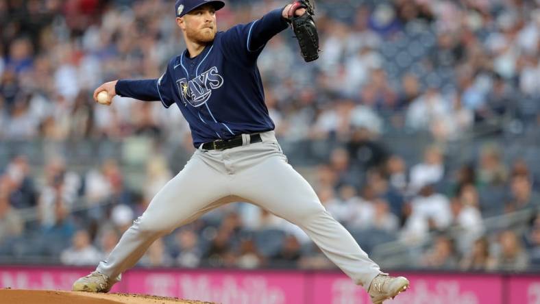 May 11, 2023; Bronx, New York, USA; Tampa Bay Rays starting pitcher Drew Rasmussen (57) pitches against the New York Yankees during the first inning at Yankee Stadium. Mandatory Credit: Brad Penner-USA TODAY Sports