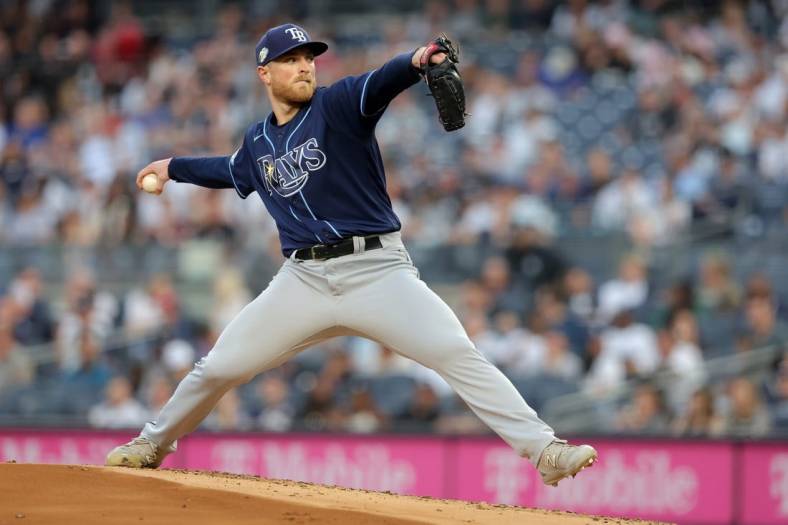 May 11, 2023; Bronx, New York, USA; Tampa Bay Rays starting pitcher Drew Rasmussen (57) pitches against the New York Yankees during the first inning at Yankee Stadium. Mandatory Credit: Brad Penner-USA TODAY Sports