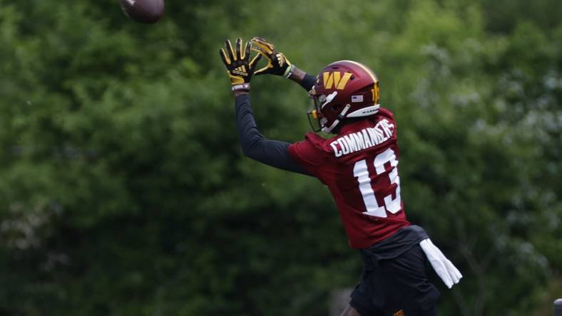 May 12, 2023; Ashburn, VA, USA; Washington Commanders cornerback Emmanuel Forbes Jr. (13) participates in drills during Commanders rookie minicamp at Commanders Park. Mandatory Credit: Geoff Burke-USA TODAY Sports