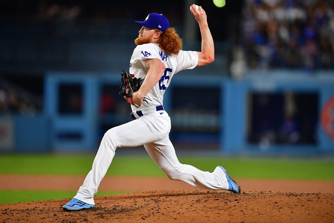 May 12, 2023; Los Angeles, California, USA; Los Angeles Dodgers starting pitcher Dustin May (85) throws against the San Diego Padres during the fourth inning at Dodger Stadium. Mandatory Credit: Gary A. Vasquez-USA TODAY Sports