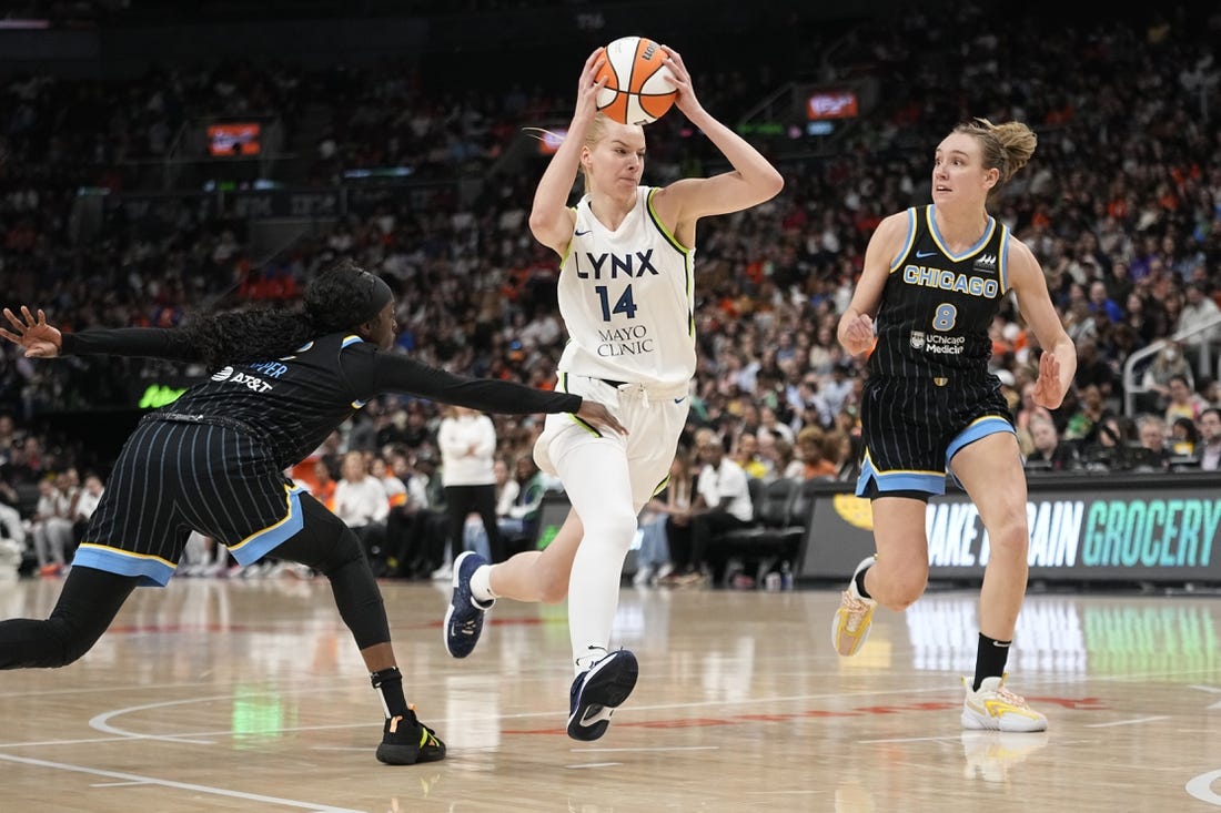 May 13, 2023; Toronto, Ontario, Canada; Minnesota Lynx forward Dorka Juhasz (14) drives past Chicago Sky guard Kahleah Copper (2) and forward Alanna Smith (8) during the second half at Scotiabank Arena. Mandatory Credit: John E. Sokolowski-USA TODAY Sports