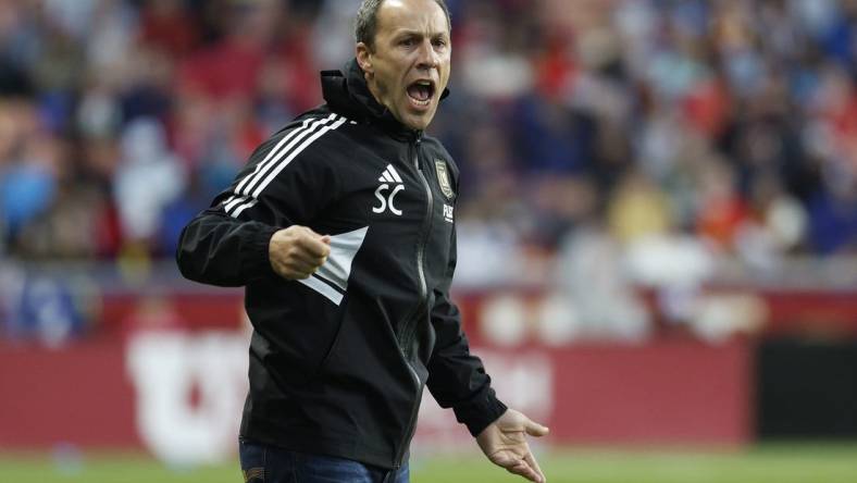 May 13, 2023; Sandy, Utah, USA; Los Angeles FC head coach Steve Cherundolo reacts in the first half at America First Field. Mandatory Credit: Jeff Swinger-USA TODAY Sports