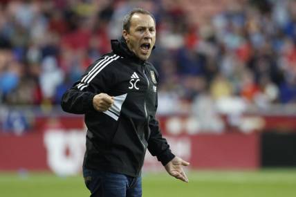 May 13, 2023; Sandy, Utah, USA; Los Angeles FC head coach Steve Cherundolo reacts in the first half at America First Field. Mandatory Credit: Jeff Swinger-USA TODAY Sports
