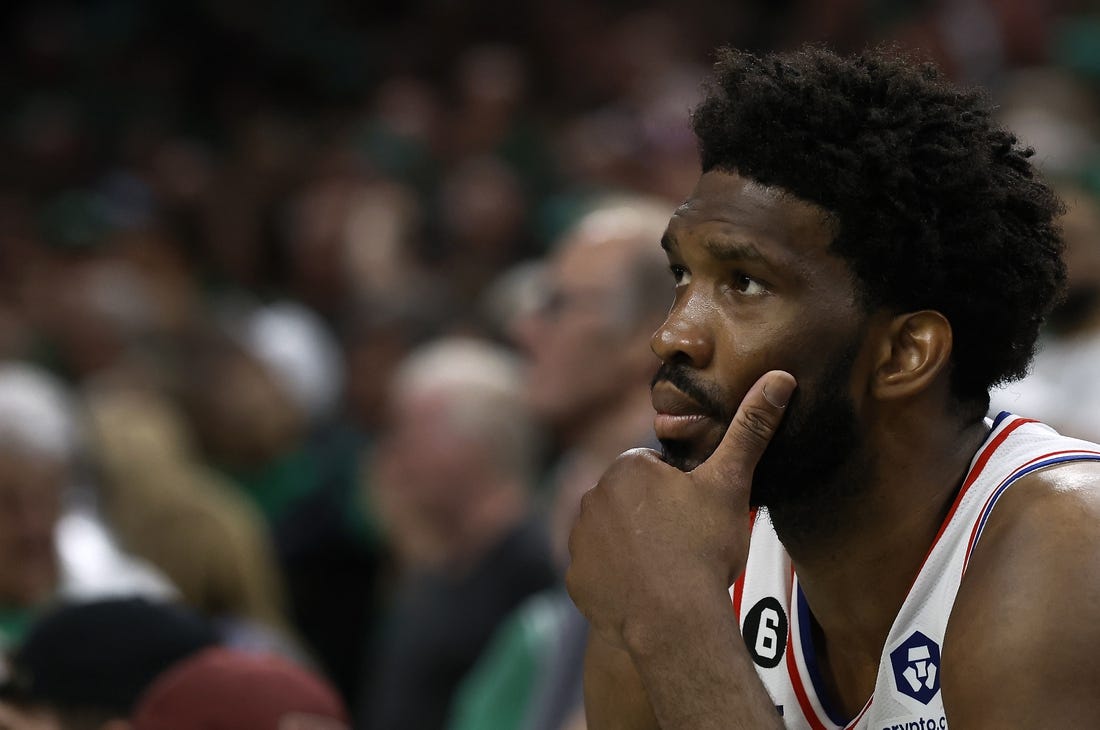 May 14, 2023; Boston, Massachusetts, USA; Philadelphia 76ers center Joel Embiid (21) sits on the bench during the final moments of their loss to the Boston Celtics in game seven of the 2023 NBA playoffs at TD Garden. Mandatory Credit: Winslow Townson-USA TODAY Sports