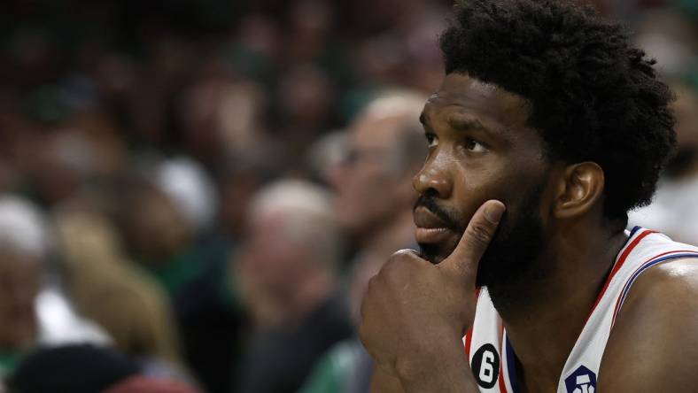 May 14, 2023; Boston, Massachusetts, USA; Philadelphia 76ers center Joel Embiid (21) sits on the bench during the final moments of their loss to the Boston Celtics in game seven of the 2023 NBA playoffs at TD Garden. Mandatory Credit: Winslow Townson-USA TODAY Sports