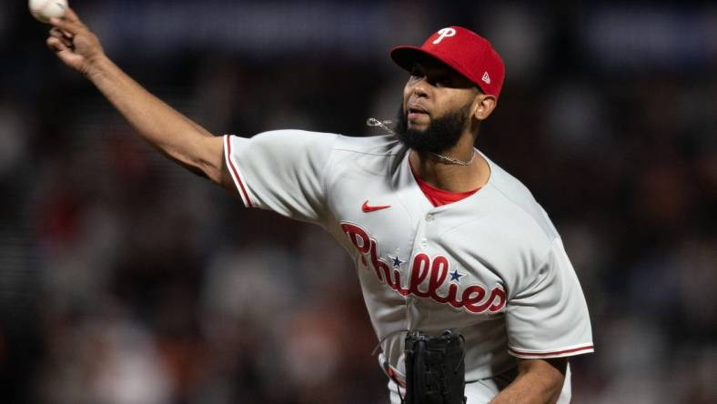 May 16, 2023; San Francisco, California, USA; Philadelphia Phillies pitcher Seranthony Dom nguez (58) delivers a pitch against the San Francisco Giants during the seventh inning at Oracle Park. Mandatory Credit: D. Ross Cameron-USA TODAY Sports