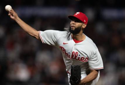 May 16, 2023; San Francisco, California, USA; Philadelphia Phillies pitcher Seranthony Dom nguez (58) delivers a pitch against the San Francisco Giants during the seventh inning at Oracle Park. Mandatory Credit: D. Ross Cameron-USA TODAY Sports