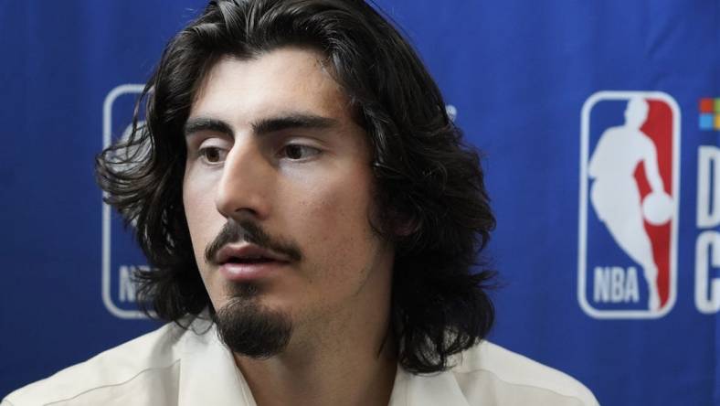 May 17, 2023; Chicago, Il, USA; Jaime Jaquez Jr. talks to the media during the 2023 NBA Draft Combine at Wintrust Arena. Mandatory Credit: David Banks-USA TODAY Sports