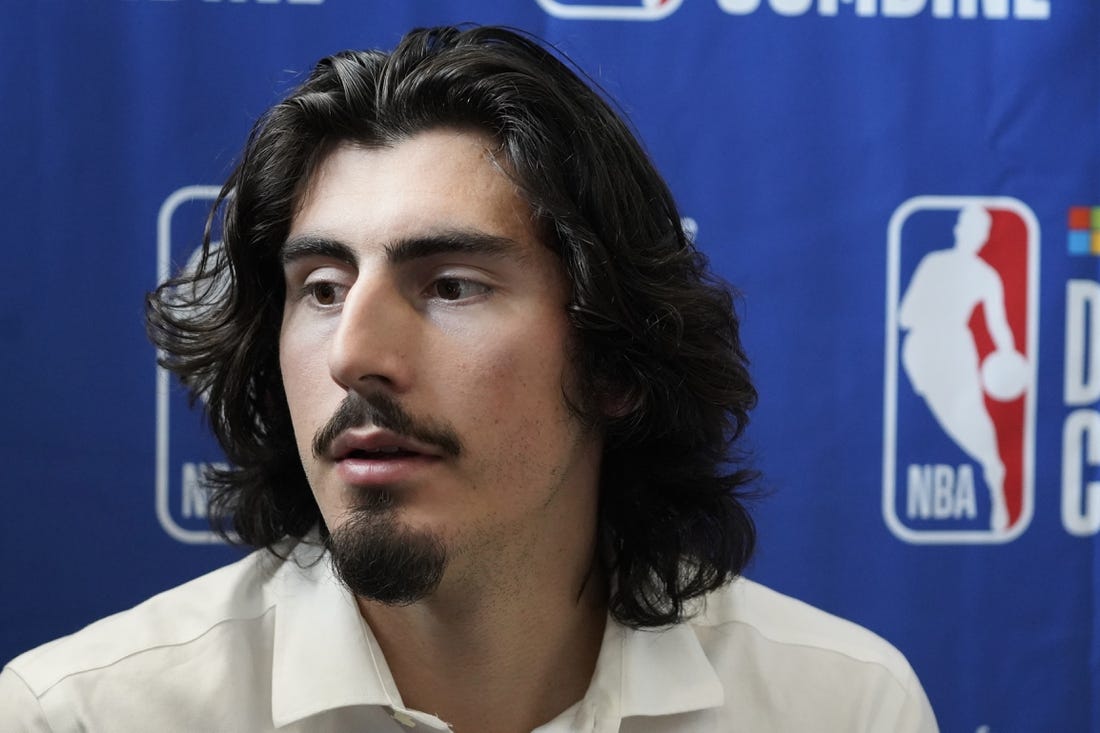 May 17, 2023; Chicago, Il, USA; Jaime Jaquez Jr. talks to the media during the 2023 NBA Draft Combine at Wintrust Arena. Mandatory Credit: David Banks-USA TODAY Sports