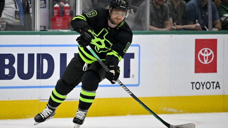 Apr 8, 2023; Dallas, Texas, USA; Dallas Stars center Max Domi (18) in action during the game between the Dallas Stars and the Vegas Golden Knights at American Airlines Center. Mandatory Credit: Jerome Miron-USA TODAY Sports