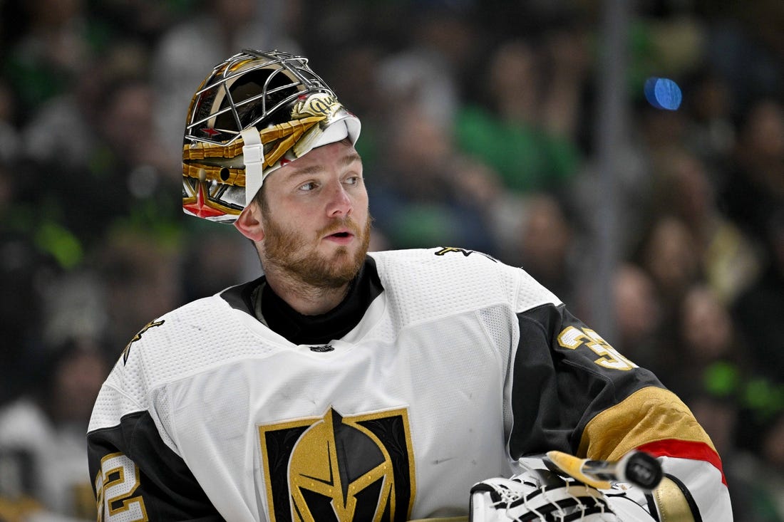 Apr 8, 2023; Dallas, Texas, USA; Vegas Golden Knights goaltender Jonathan Quick (32) during the game between the Dallas Stars and the Vegas Golden Knights at American Airlines Center. Mandatory Credit: Jerome Miron-USA TODAY Sports