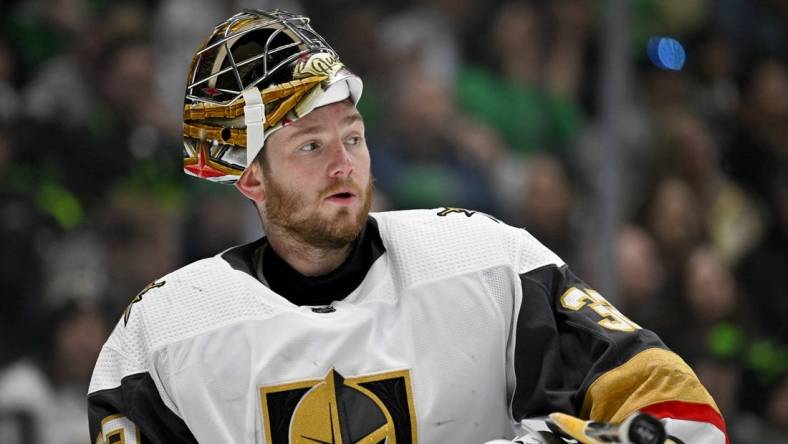 Apr 8, 2023; Dallas, Texas, USA; Vegas Golden Knights goaltender Jonathan Quick (32) during the game between the Dallas Stars and the Vegas Golden Knights at American Airlines Center. Mandatory Credit: Jerome Miron-USA TODAY Sports