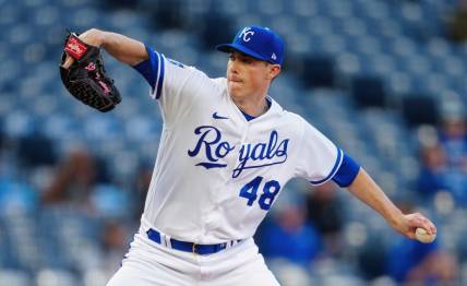 May 2, 2023; Kansas City, Missouri, USA; Kansas City Royals relief pitcher Ryan Yarbrough (48) pitches during the first inning against the Baltimore Orioles at Kauffman Stadium. Mandatory Credit: Jay Biggerstaff-USA TODAY Sports