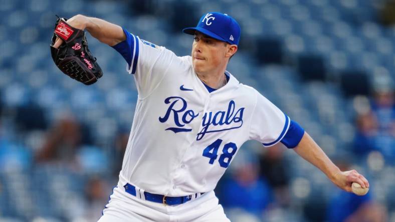 May 2, 2023; Kansas City, Missouri, USA; Kansas City Royals relief pitcher Ryan Yarbrough (48) pitches during the first inning against the Baltimore Orioles at Kauffman Stadium. Mandatory Credit: Jay Biggerstaff-USA TODAY Sports