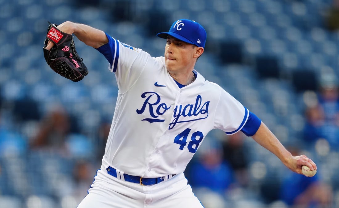 May 2, 2023; Kansas City, Missouri, USA; Kansas City Royals relief pitcher Ryan Yarbrough (48) pitches during the first inning against the Baltimore Orioles at Kauffman Stadium. Mandatory Credit: Jay Biggerstaff-USA TODAY Sports