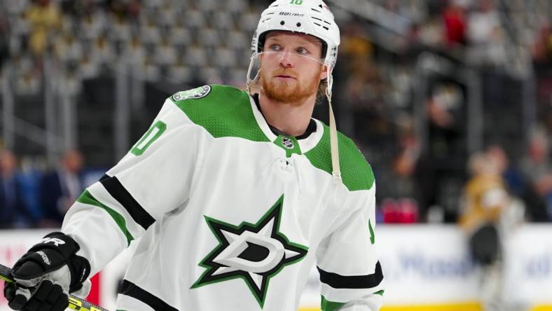 May 19, 2023; Las Vegas, Nevada, USA; Dallas Stars center Ty Dellandrea (10) skates in warm-ups prior to the game against the Vegas Golden Knights in game one of the Western Conference Finals of the 2023 Stanley Cup Playoffs at T-Mobile Arena. Mandatory Credit: Stephen R. Sylvanie-USA TODAY Sports