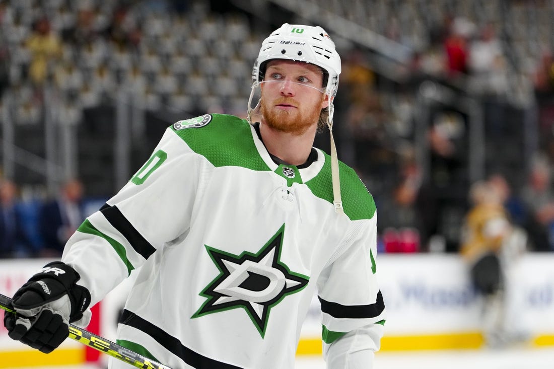May 19, 2023; Las Vegas, Nevada, USA; Dallas Stars center Ty Dellandrea (10) skates in warm-ups prior to the game against the Vegas Golden Knights in game one of the Western Conference Finals of the 2023 Stanley Cup Playoffs at T-Mobile Arena. Mandatory Credit: Stephen R. Sylvanie-USA TODAY Sports