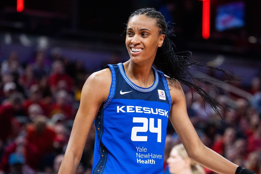 May 19, 2023; Indianapolis, Indiana, USA; Connecticut Sun forward DeWanna Bonner (24) in the first half against the Indiana Fever at Gainbridge Fieldhouse. Mandatory Credit: Trevor Ruszkowski-USA TODAY Sports