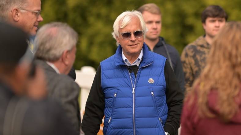 May 19, 2023; Baltimore, Maryland, USA;  Bob  Baffert, American racehorse trainer,  walks near the Stakes Barn after morning work outs prior to the running off the at Pimlico Race Course. Mandatory Credit: Tommy Gilligan-USA TODAY Sports