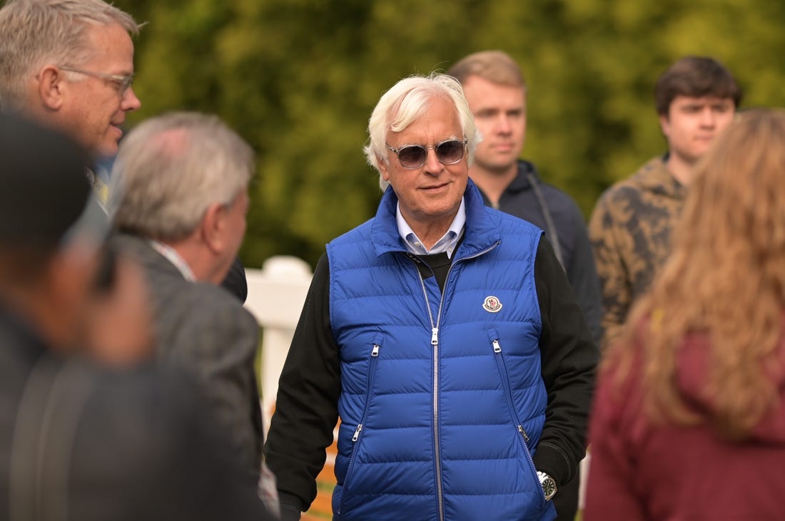 May 19, 2023; Baltimore, Maryland, USA;  Bob  Baffert, American racehorse trainer,  walks near the Stakes Barn after morning work outs prior to the running off the at Pimlico Race Course. Mandatory Credit: Tommy Gilligan-USA TODAY Sports