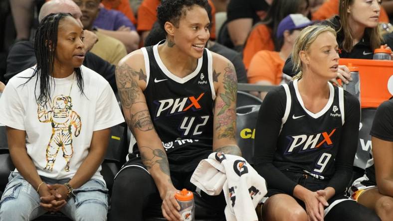 May 21, 2023; Phoenix, Arizona, USA; Phoenix Mercury center Brittney Griner (42) watches from the bench against the Chicago Sky in the first half at Footprint Center. Mandatory Credit: Rick Scuteri-USA TODAY Sports