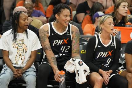 May 21, 2023; Phoenix, Arizona, USA; Phoenix Mercury center Brittney Griner (42) watches from the bench against the Chicago Sky in the first half at Footprint Center. Mandatory Credit: Rick Scuteri-USA TODAY Sports