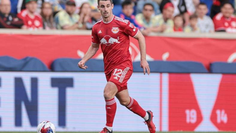 May 23, 2023; Harrison, NJ, USA; New York Red Bulls defender Dylan Nealis (12) controls the ball against FC Cincinnati during the first half at Red Bull Arena. Mandatory Credit: Vincent Carchietta-USA TODAY Sports