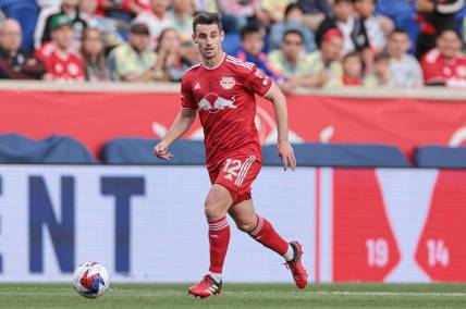 May 23, 2023; Harrison, NJ, USA; New York Red Bulls defender Dylan Nealis (12) controls the ball against FC Cincinnati during the first half at Red Bull Arena. Mandatory Credit: Vincent Carchietta-USA TODAY Sports