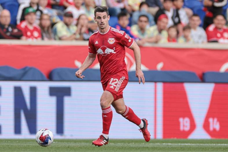 May 23, 2023; Harrison, NJ, USA; New York Red Bulls defender Dylan Nealis (12) controls the ball against FC Cincinnati during the first half at Red Bull Arena. Mandatory Credit: Vincent Carchietta-USA TODAY Sports